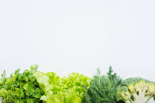Borde de perejil verde fresco, eneldo, brócoli y lechuga aislados en blanco - foto de stock