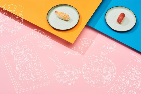 Fresh nigiri with tuna and shrimp near illustration on blue, pink, orange surface — Stock Photo