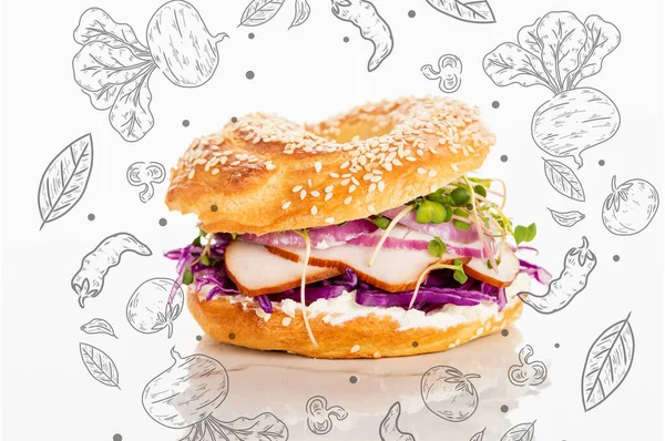 Fresh bagel with meat, red onion, cream cheese, sprouts near vegetables illustration on white — Stock Photo