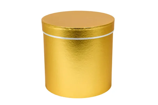 Caixa Presente Redonda Dourada Com Faixa Branca Isolada Fundo Branco — Fotografia de Stock