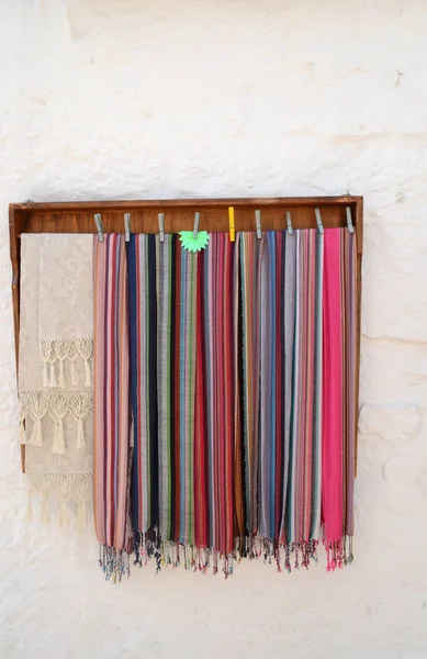 Colorful Scarves Front House Wall Trulli Village Alberobello Apulia Italy — Stock Photo, Image