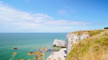 Güzel sahil şeridi ve kaymaktaşı cliff Etretat, Fransa defne havadan görünümü