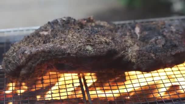 Humo y fuego Barbacoa Carne de res — Vídeo de stock