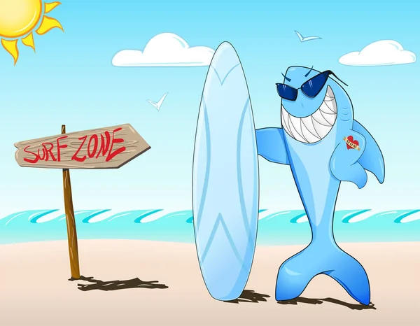 Güneş Gözlüğü Dövme Vektör Çizim Ile Serin Sörfçü Köpek Balığı — Stok Vektör