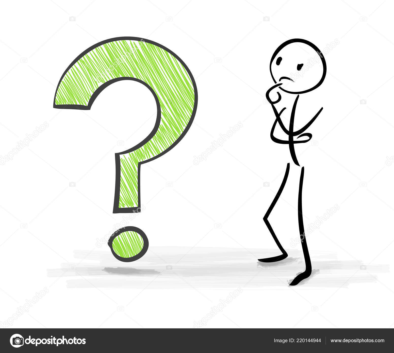 Stick figure in thinking posture. Stick man thinking about a solution to a  question. Vector illustration isolated on white Stock Vector