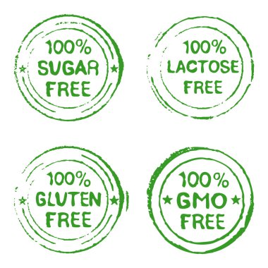 Ürünler yok şeker, Gluten, GDO laktoz - vektör çizim için pul seti