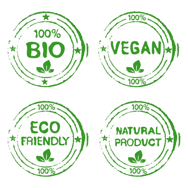 Σειρά Γραμματοσήμων Για Βιο Οικολογικά Vegan Φυσικά Προϊόντα Εικονογράφηση Διάνυσμα — Διανυσματικό Αρχείο