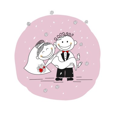 Just married couple. Groom carries bride in his arms clipart