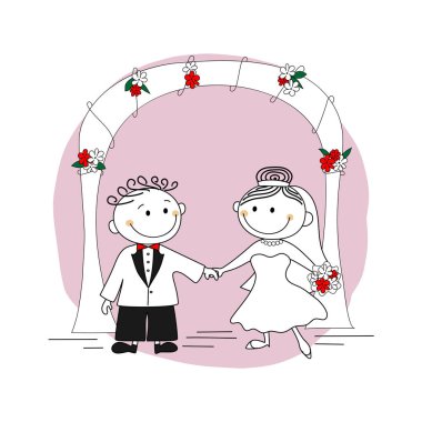 Sevimli evlilik çift - gelin ve damat bir düğün kemer arka plan üzerinde
