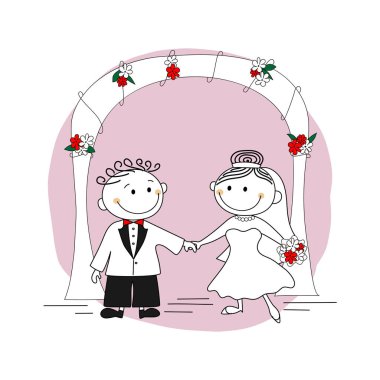 Cute wedding couple - bride and groom on the background of a wedding arch clipart