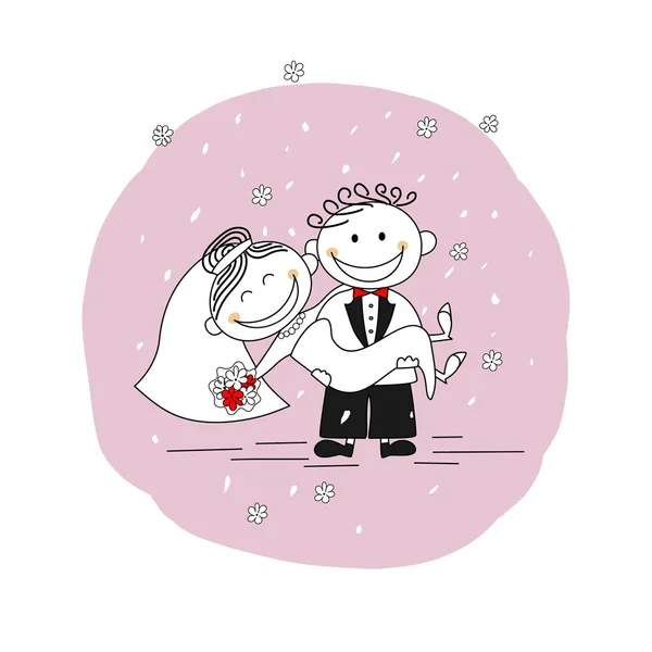 Just Married Couple Groom Carries Bride His Arms — Stock Vector