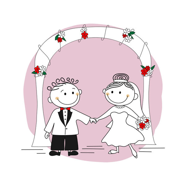 Cute wedding couple - bride and groom on the background of a wedding arch