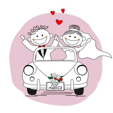 Just married. Newlywed couple driving a car for their honeymoon clipart
