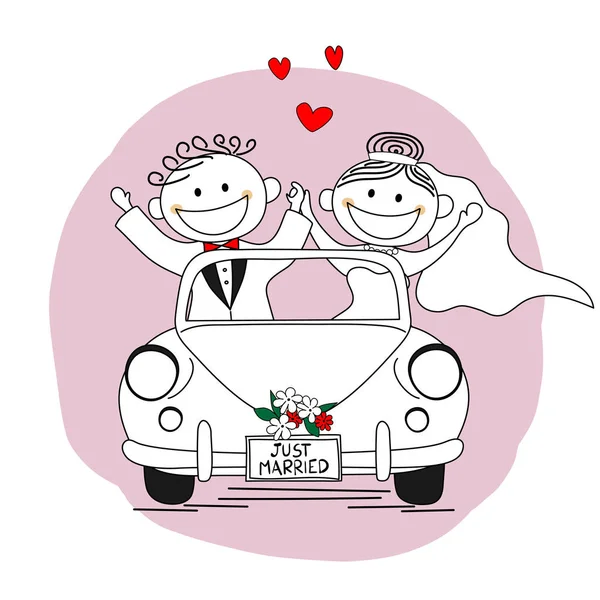 刚刚结婚 新婚夫妇为蜜月驾驶汽车 — 图库矢量图片