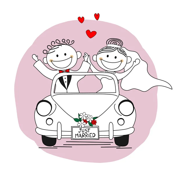 Just Married Newlywed Couple Driving Car Honeymoon — Stock Vector