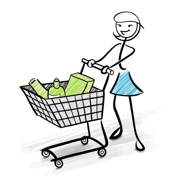 ショッピング カートとグリーン製品 スティック図を持つ女性 — ストックベクタ