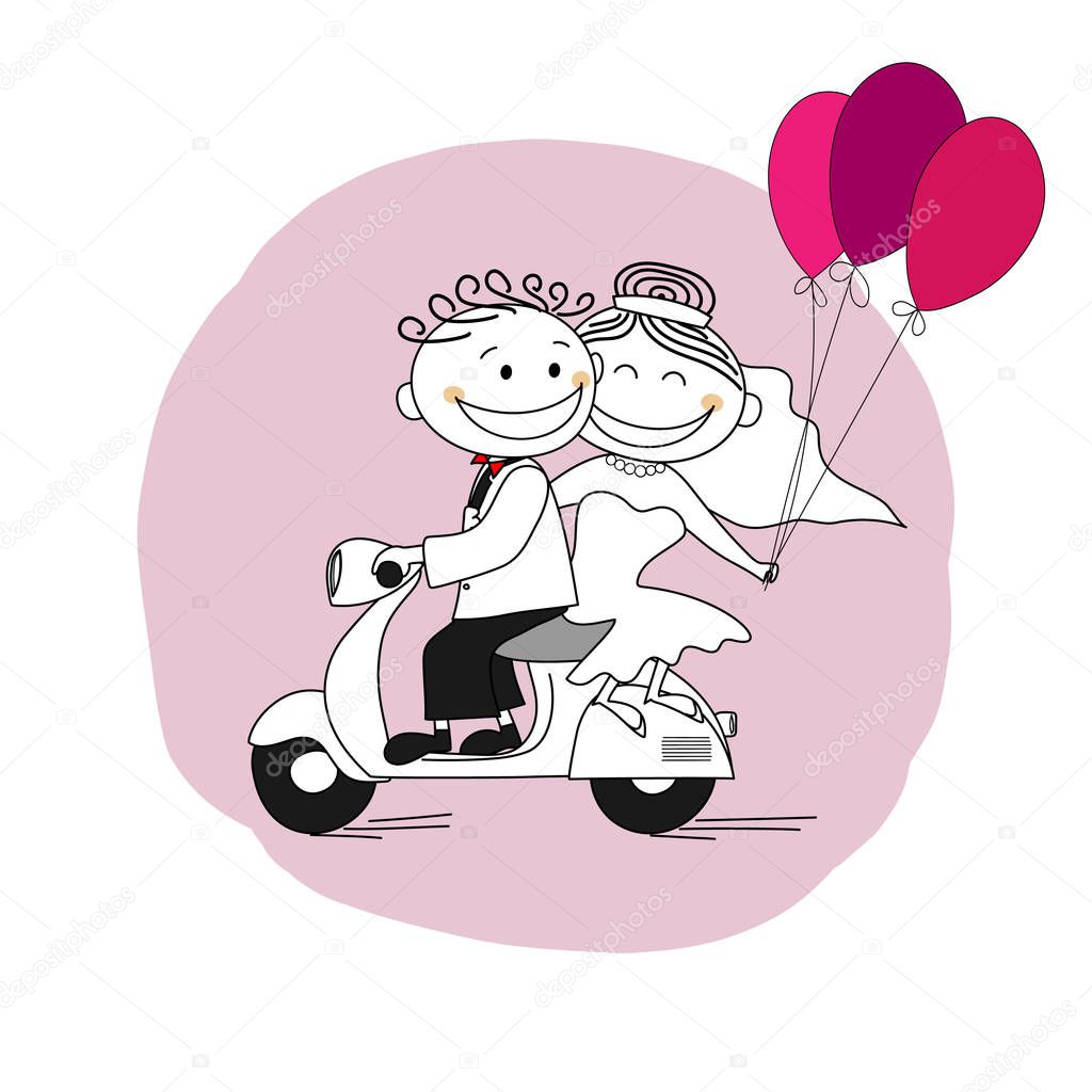 Just married couple on a scooter leaving for honeymoon - vector illustration