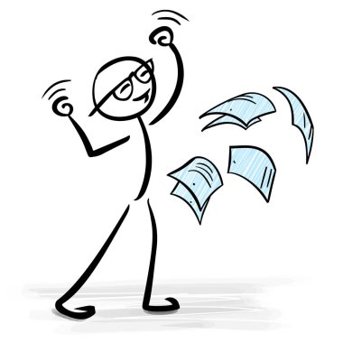 Hava - mutlu işadamı atma belgelerde başarı kazanmak kavramı - stick şekil vektör çizim