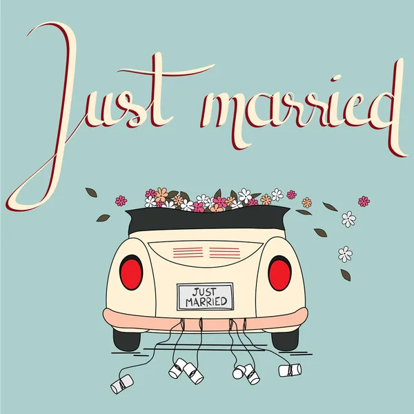 婚礼请柬 刚刚结婚的人带着婚礼的车和鲜花 向量例证 — 图库矢量图片