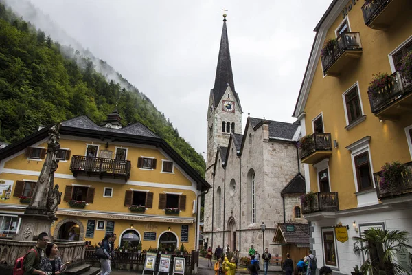 Vedute Della Chiesa Evangelica Neogotica Hallstatt Parte Del Paesaggio Culturale — Foto Stock