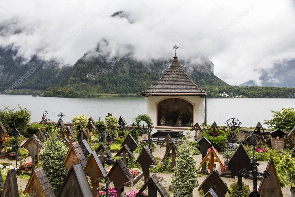 Traditional wooden graves and tombs in the catholic cemetery in Hallstatt, part of Dachstein-Salzkammergut Cultural Landscape, a World Heritage Site in Austria