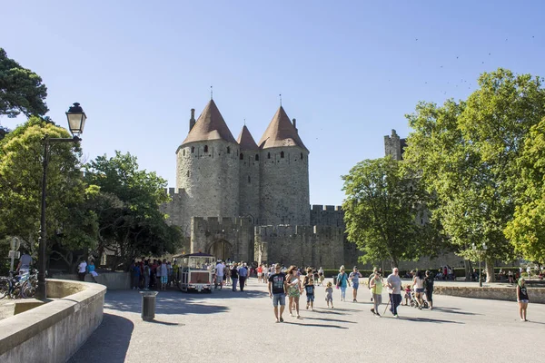 Torres Murallas Cite Carcassonne Fortaleza Medieval Situada Región Languedoc Rosellón — Foto de Stock