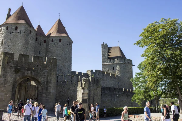 Πύργους Και Τείχη Cite Καρκασόν Ένα Μεσαιωνικό Φρούριο Citadel Βρίσκεται — Φωτογραφία Αρχείου
