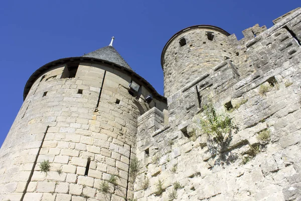 Kuleleri Carcassonne Cite Languedoc Roussillon Bölgesinde Bulunan Bir Ortaçağ Kalesi — Stok fotoğraf