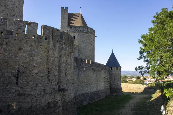 Torres Murallas Cite Carcassonne Fortaleza Medieval Situada Región Languedoc Rosellón — Foto de Stock