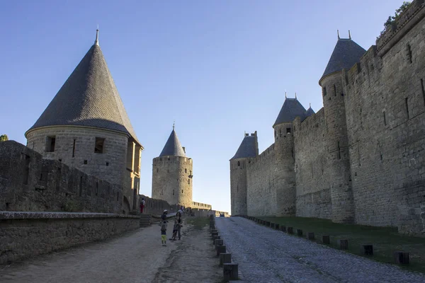 Wież Murów Cite Carcassonne Cytadela Średniowiecznej Twierdzy Znajduje Się Regionie — Zdjęcie stockowe