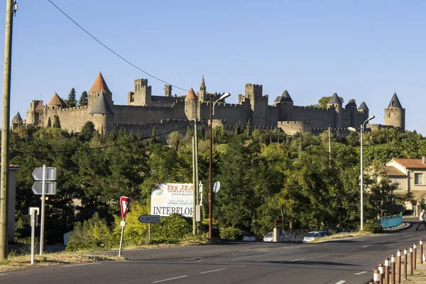 Torres Murallas Cite Carcassonne Fortaleza Medieval Situada Región Languedoc Rosellón — Foto de Stock