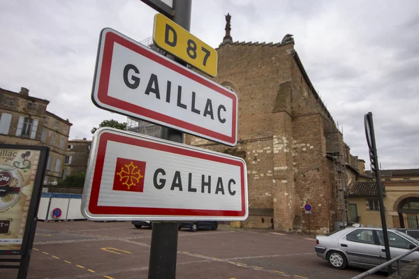 Road Signs Ingaillac Historical French Town River Tarn French Occitan — Stock Photo, Image