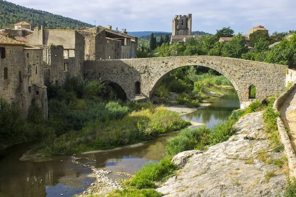 Views Abbey Mary Lagrasse Abbaye Sainte Marie Old Bridge Pont — Stock Photo, Image