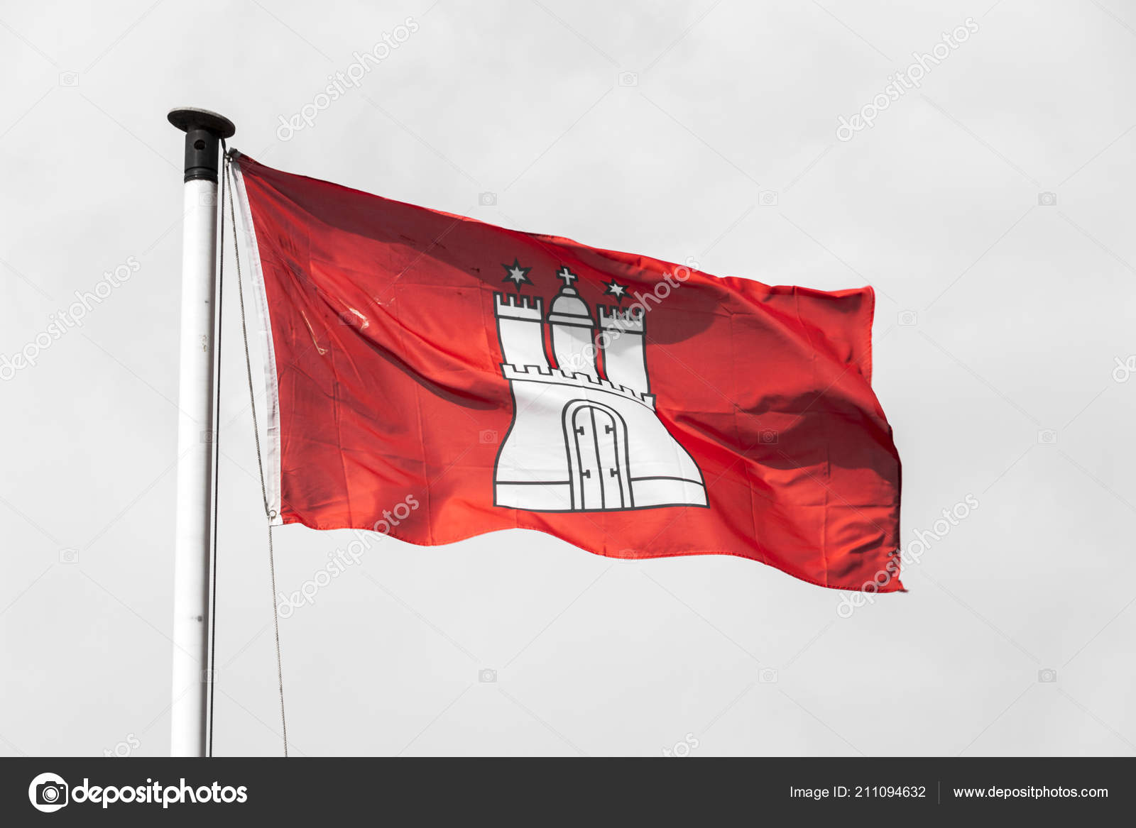 Drapeau Civil D'état Ville Libre Hanséatique Hambourg Avec Les Armoiries —  Photo de stock par ©jqnoc - 211094632, image size:1600x1167