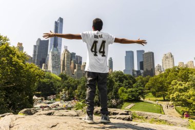 New York şehri. Beyaz delikanlı Central Park South Central Park'tan Hampshire ev ve Jw Marriott Essex House lüks otel de dahil olmak üzere ünlü yapılar ile arıyorum.