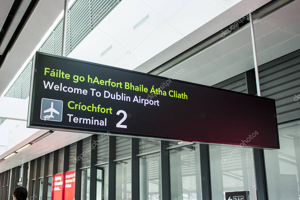 Bilingual signs in Irish and English at Dublin Airport (Aerfort Bhaile Atha Cliath), Republic of Ireland