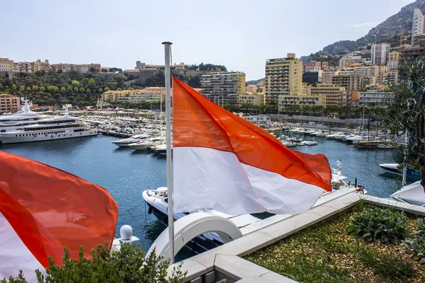 Flag Monaco Overlooking Port Hercules Only Deep Water Port Monaco — Stock Photo, Image