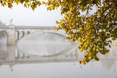 Sarı ve yeşil sonbahar yaprakları ile Ponte Nova (New Bridge içinde belgili tanımlık geçmiş. Chaves, Portekiz