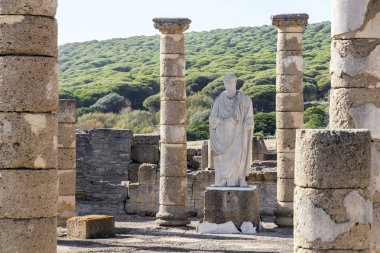 Statue of Roman emperor Trajan in the ruins of Baelo Claudia, an ancient Roman town outside of Tarifa, near the village of Bolonia, in Andalusia, southern Spain clipart