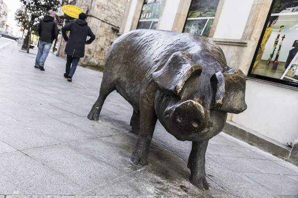 Bronzestatue Eines Schweins Den Straßen Von Lalin Galicien Spanien Als — Stockfoto