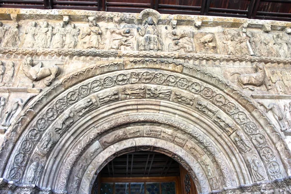 Pórtico Românico Esculpido Mosteiro Santa Maria Ripoll Catalunha Espanha Nas — Fotografia de Stock