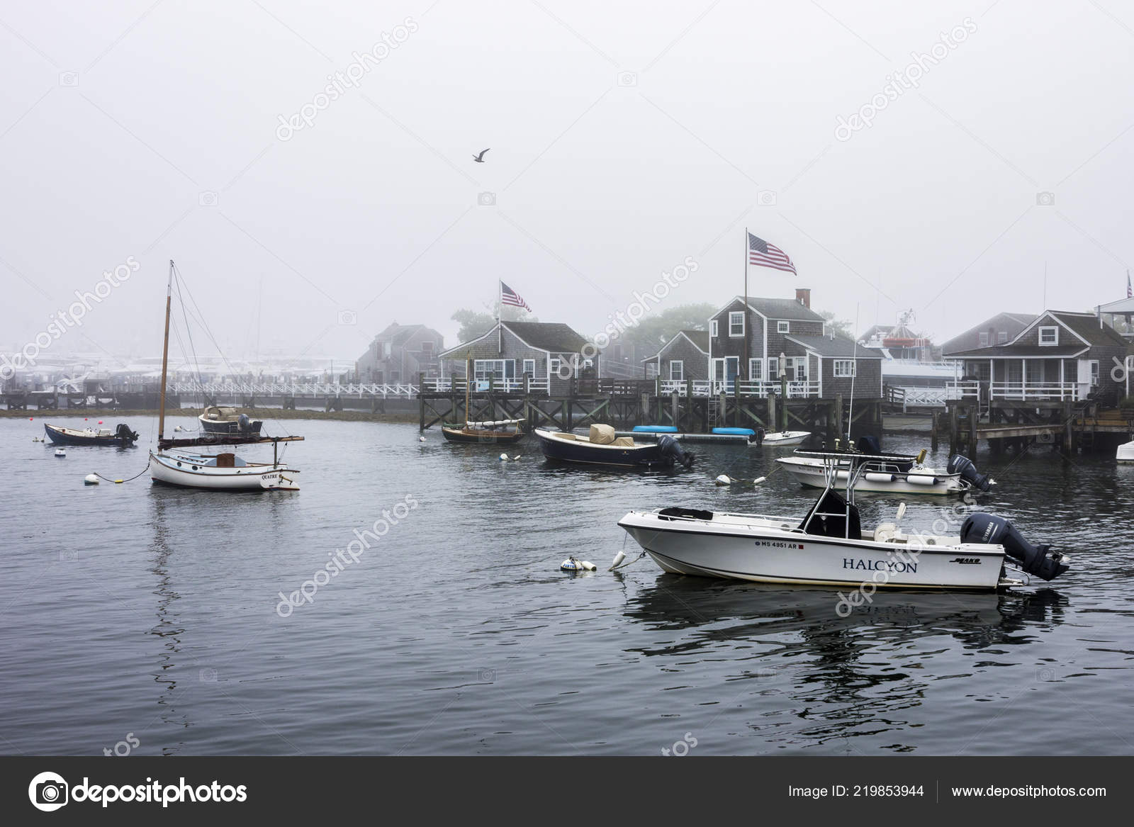 Nantucket Island Massachusetts Views Nantucket Harbor Boats Traditional Wooden Houses Stock