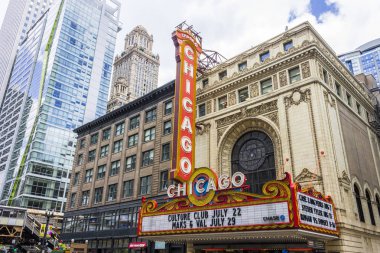The Chicago Theatre, originally known as the Balaban and Katz Chicago Theatre, a landmark theater on North State Street in the Loop area of Chicago, Illinois, United States of America clipart