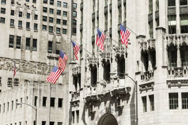 Amerikan bayrakları Tribune Kulesi. Chicago, Illinois