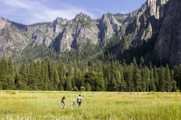 Uma Família Caminha Pela Grama Yosemite Valley Califórnia — Fotografia de Stock