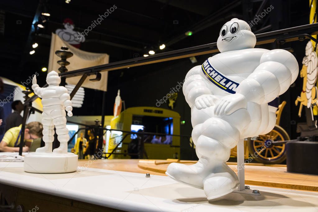 Clermont-Ferrand, France. Figures of Bibendum, also known as Michelin Tyre Man, at the L'Aventure Michelin museum