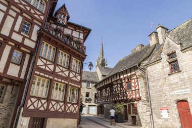 Josselin, Fransa. Old Town, yarı ahşap geleneksel evleri