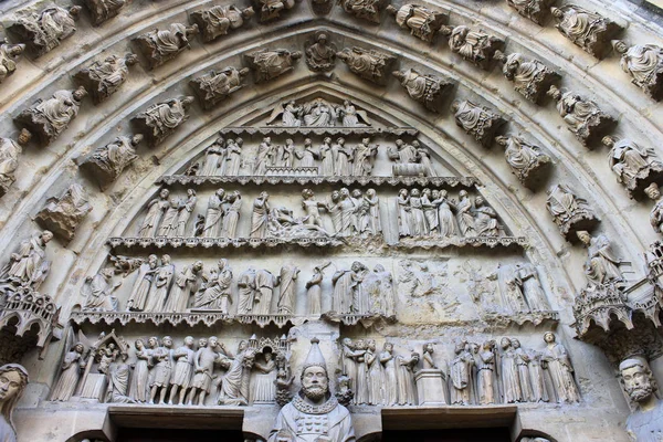 Reims Francja Szczegóły Katedra Matki Bożej Katedra Notre Dame Najważniejszych — Zdjęcie stockowe