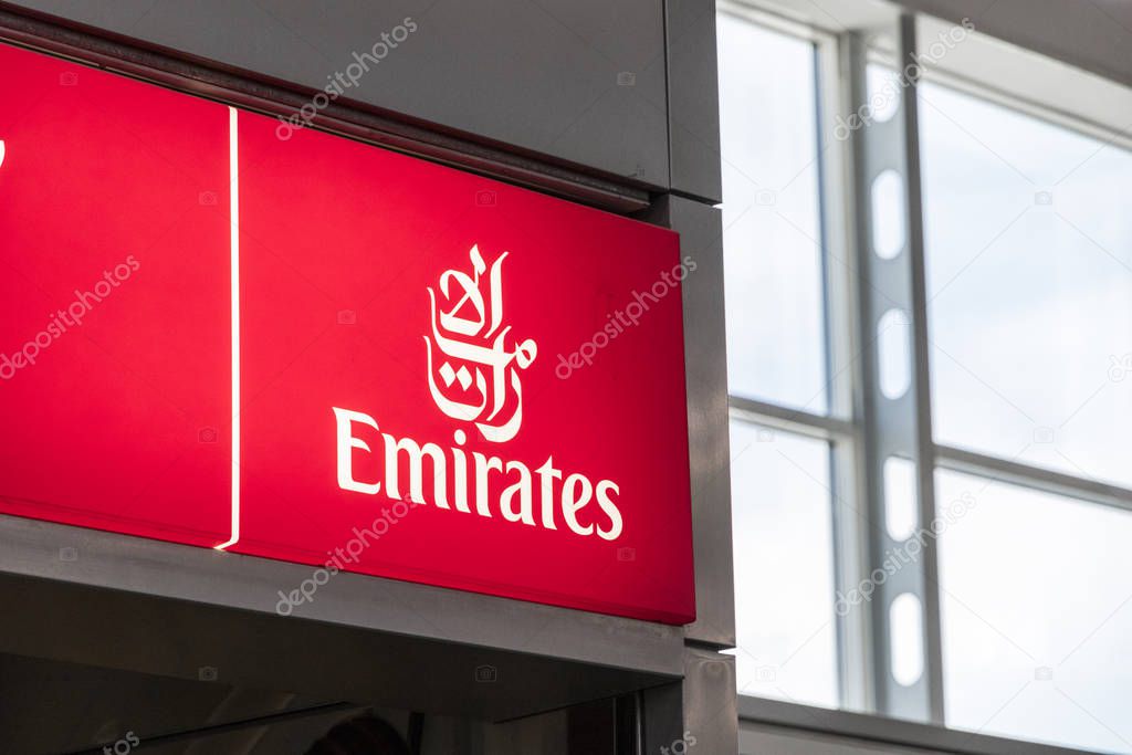 Athens, Greece. Logo of Emirates, an airline based in Dubai, United Arab Emirates, at Athens International Airport