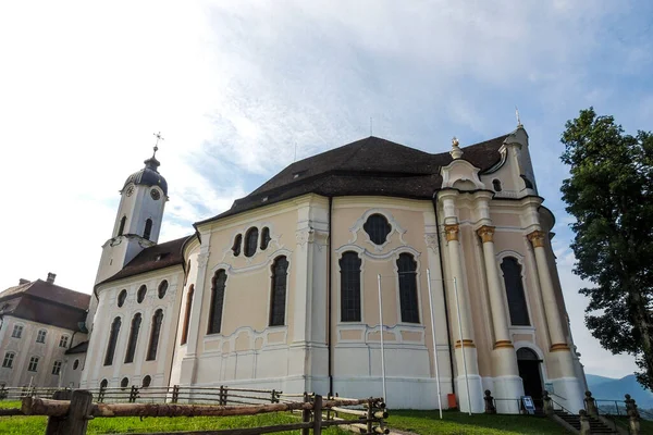 Wies Deutschland Die Wallfahrtskirche Wies Eine Ovale Rokokokirche Fuße Der — Stockfoto